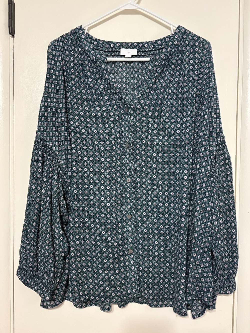 J. Jill Women's Plus L/S Green Floral Medallion Button-Front Shirt Top Blouse 4X